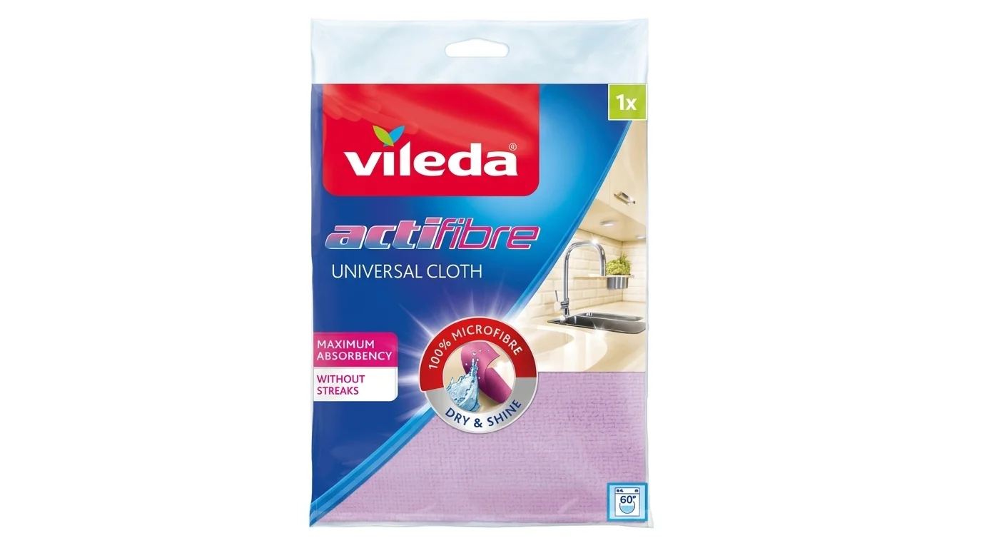 Balenie fialovej univerzálnej handričky z mikrovlákna Vileda Actifibre.
