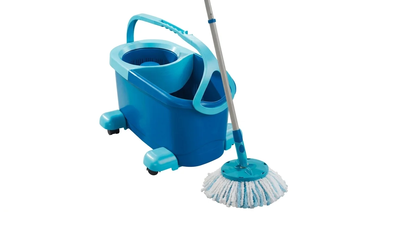 Úklidová sada Leifheit Clean Twist Disc Mobile s modrým kbelíkem na kolečkách a třásňovým mopem.