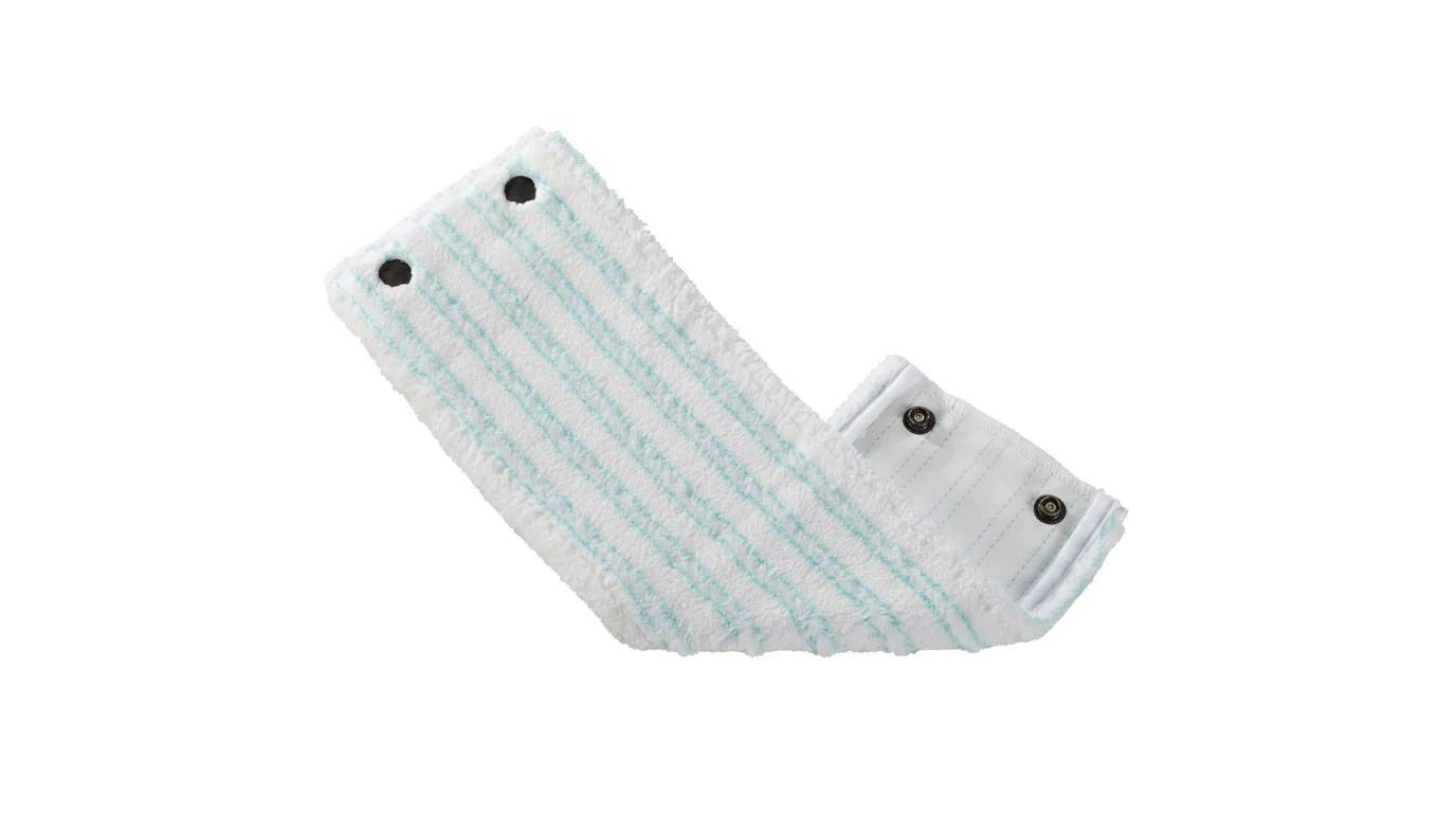 Náhradní návlek na mop Leifheit Twist Micro Duo z bílého mikrovlákna se světle modrými pruhy a černými patentkami.