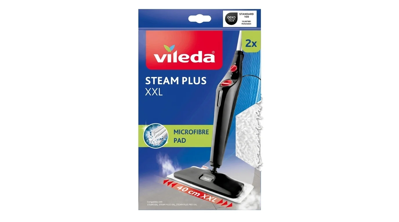 Balení dvou náhradních mycích návleků z mikrovlákna o šířce 40 cm pro parní mop Vileda Steam Plus XXL.
