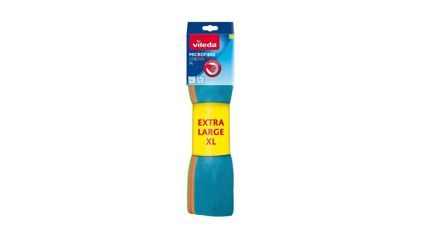 Balení mikrohadříků Vileda Microfibre Colors XL se žlutou páskou s nápisem Extra Large XL.