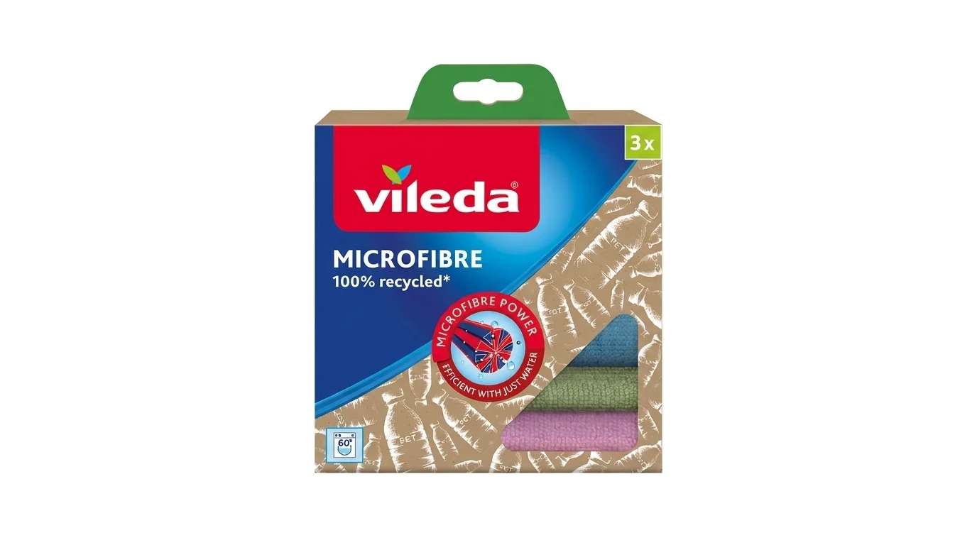 Balenie 3 kusov handričiek Vileda z recyklovaného mikrovlákna v modrej, zelenej a ružovej farbe.