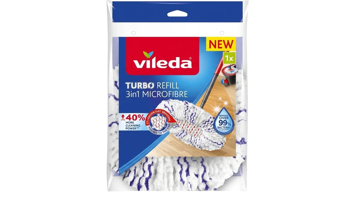 Balení náhradní hlavice mopu Vileda TURBO 3v1 s bílo-fialovými třásněmi.