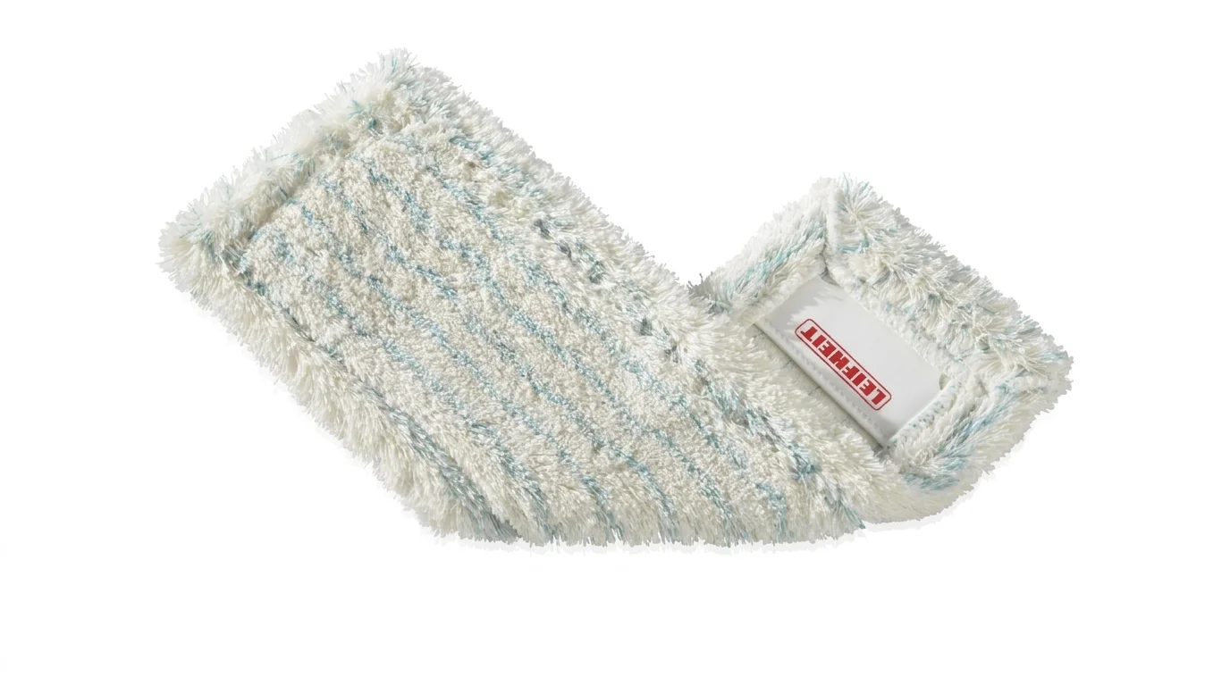 Textilní návlek na mop Leifheit Profi Cotton Plus s jemnými modrými proužky a bílým úchytem s logem.