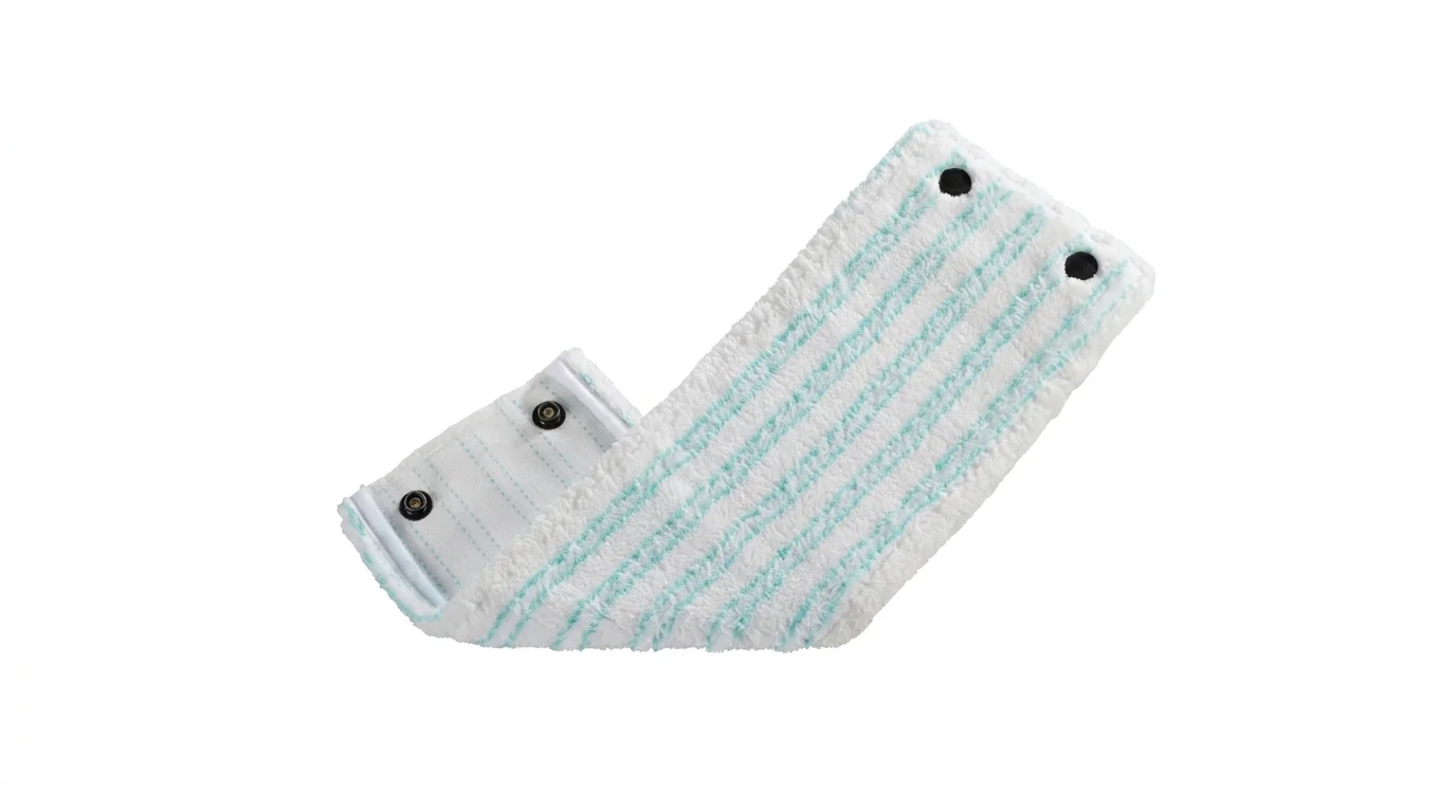 Bílý náhradní návlek na mop Leifheit Micro Duo s tyrkysovými proužky a patentkami pro uchycení.