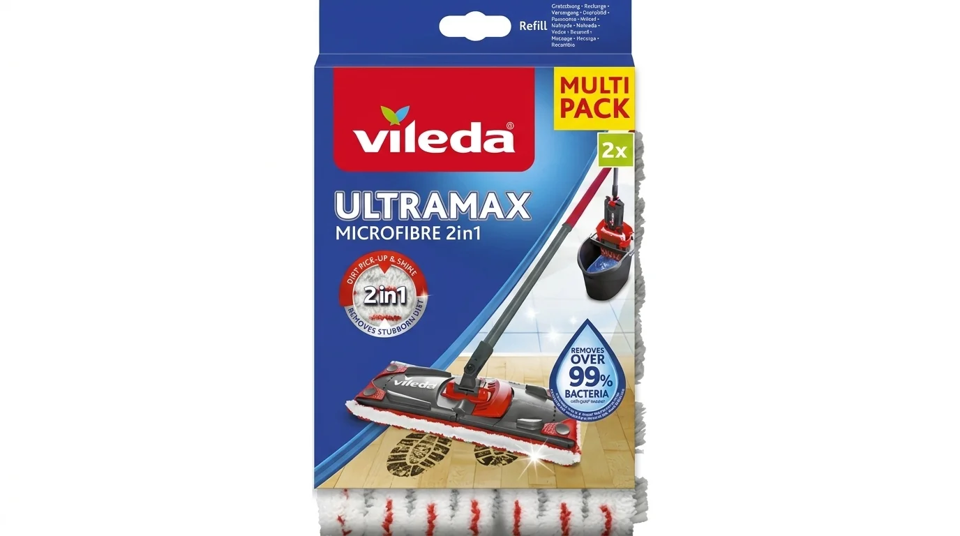 Balení dvou kusů náhradních mycích návleků Vileda Ultramax Microfibre 2v1 s bílými a červenými vlákny.