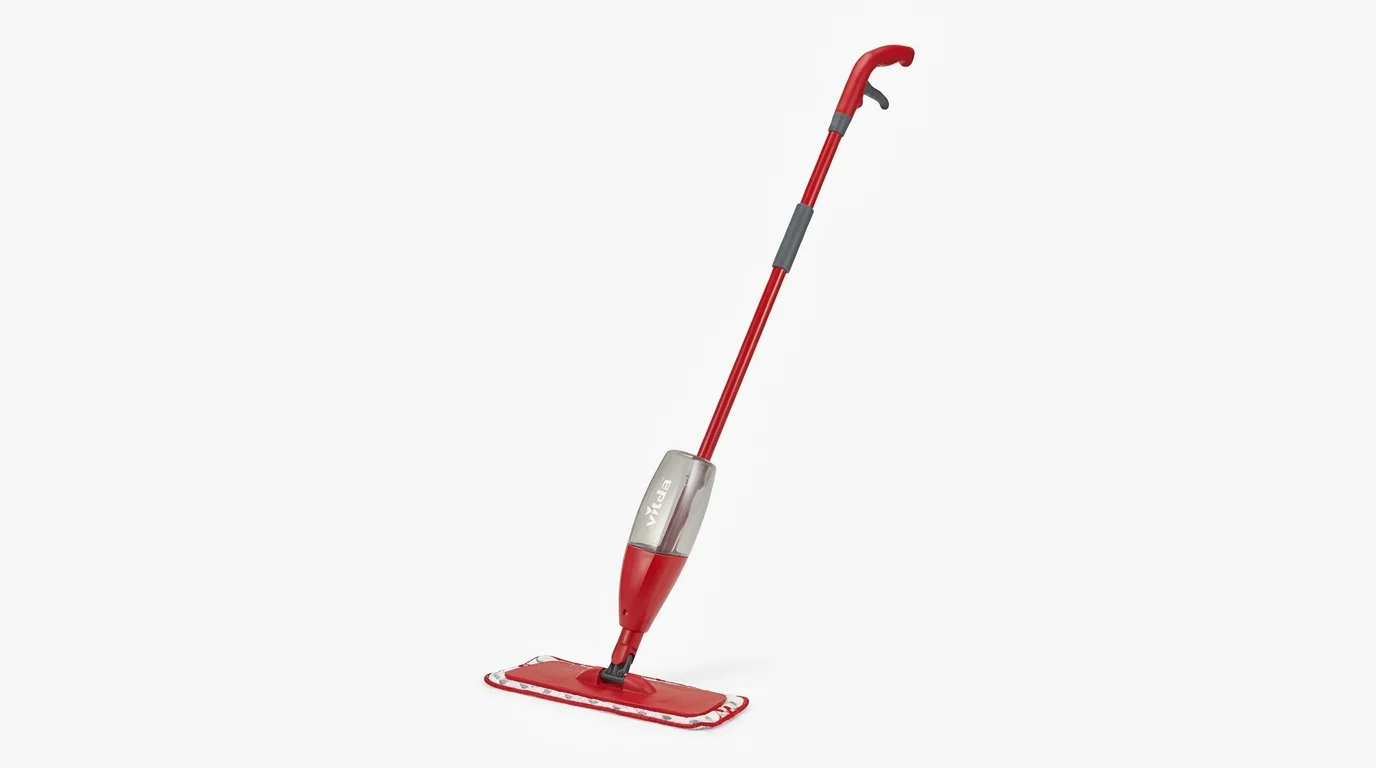 Červený sprejový mop Vileda 1.2 Spray Max s integrovanou nádržkou na vodu a plochou umývacou hlavicou.