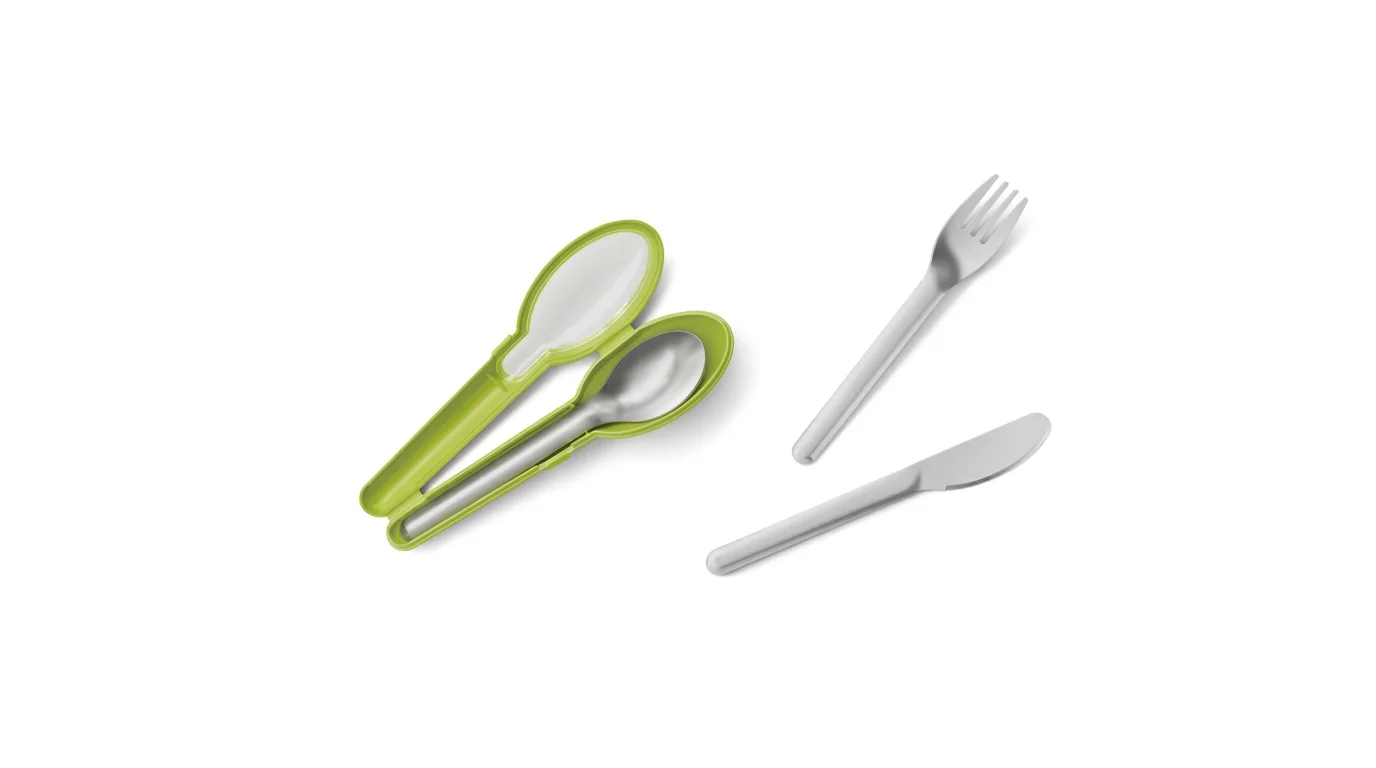 Nerezová vidlička a nůž ležící vedle otevřeného zeleného cestovního pouzdra se lžící ze sady Tefal Masterseal To Go.