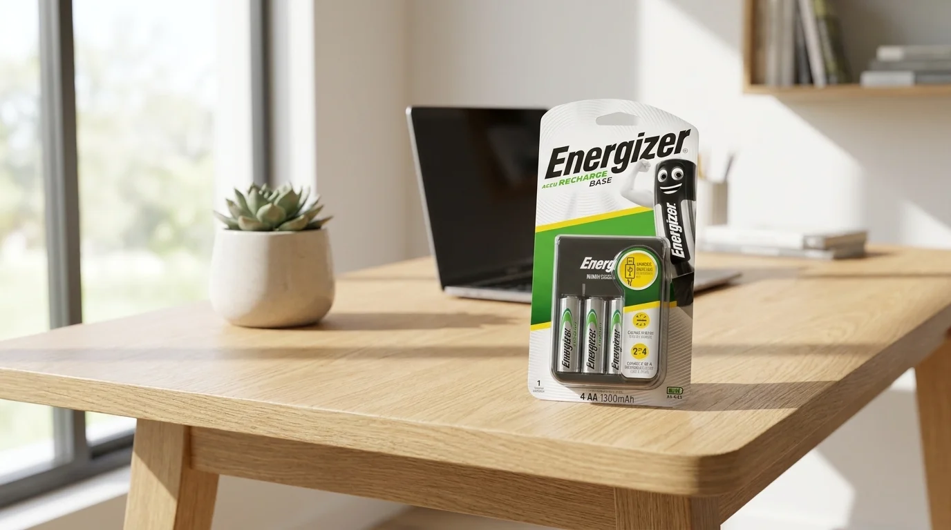 Balení nabíječky baterií Energizer Base se čtyřmi bateriemi AA na dřevěném stole vedle notebooku.