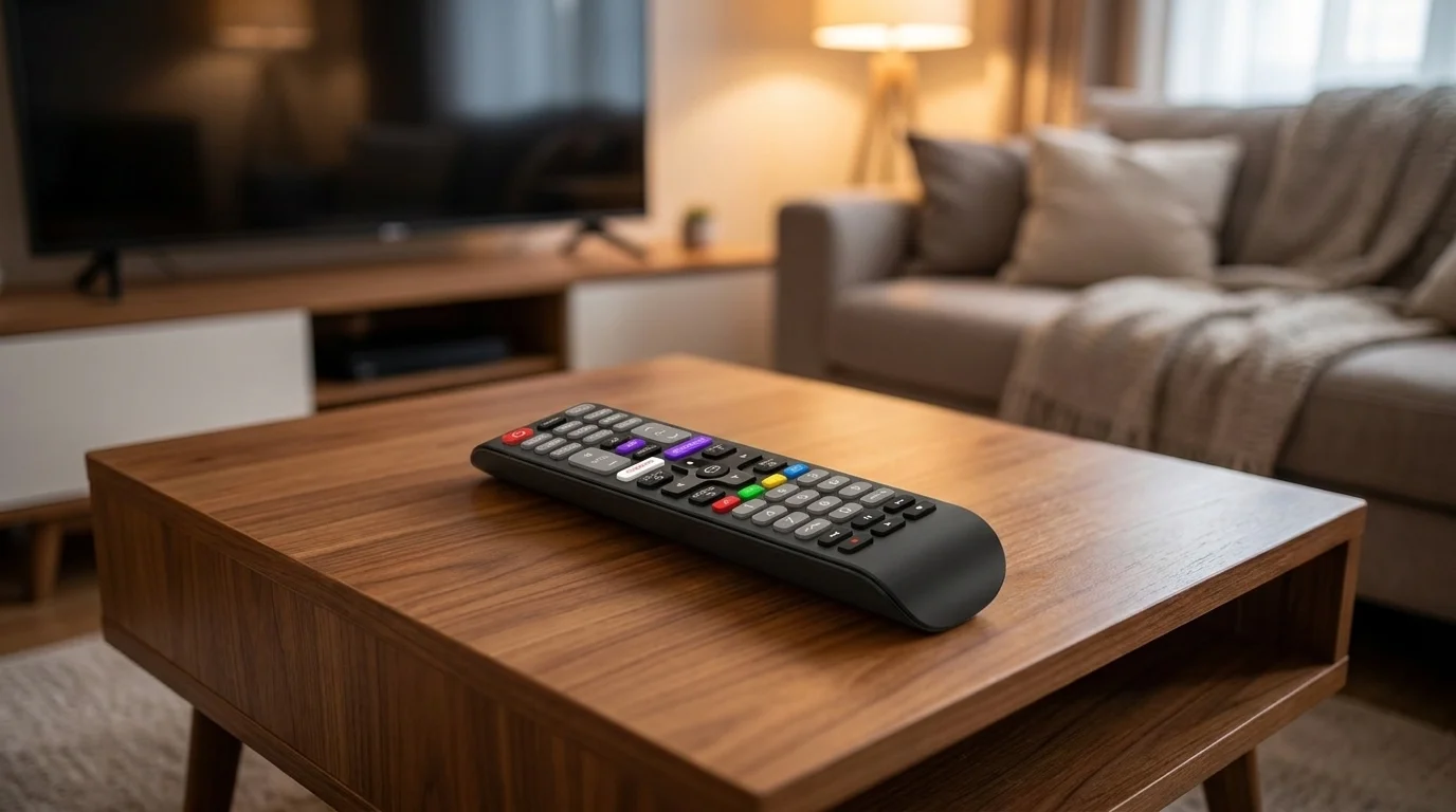 Černý dálkový ovladač Philips SRP4010/10 položený na dřevěném konferenčním stolku v obývacím pokoji s televizí v pozadí.