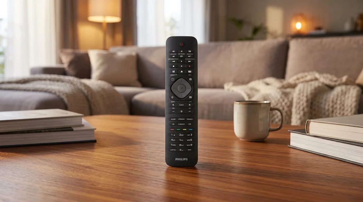 Černý dálkový ovladač Philips SRP4000/10 stojící na dřevěném konferenčním stolku v obývacím pokoji.