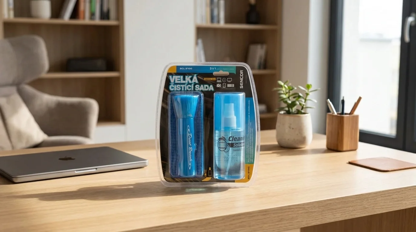Balení čisticí sady Sencor SCL 2100 3 v 1 se štětcem a sprejem položené na dřevěném stole vedle notebooku.