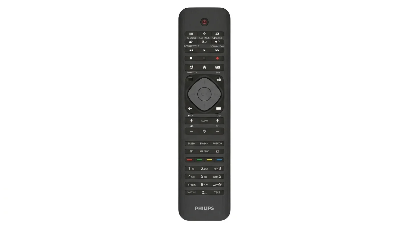 Černý dálkový ovladač k televizoru Philips SRP4000/10 s navigačními a numerickými tlačítky.