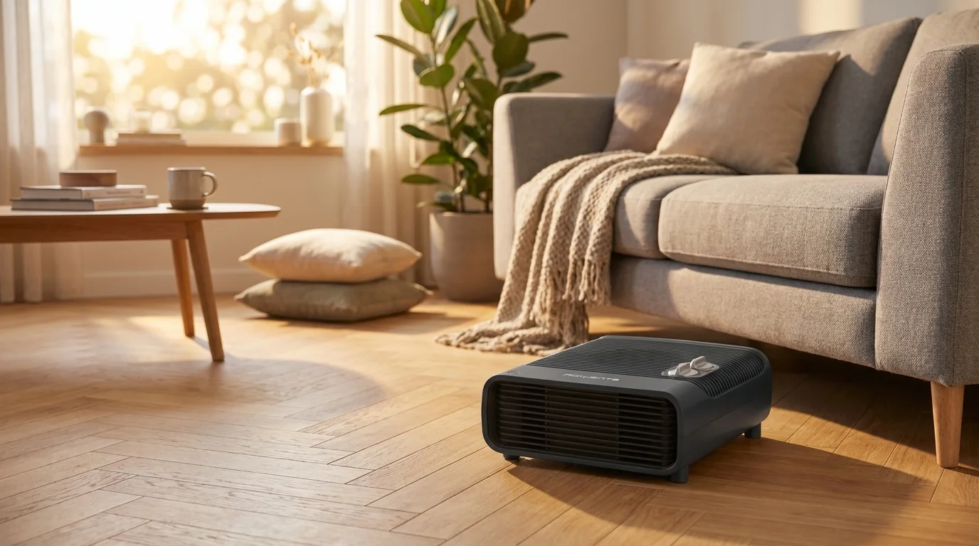 Černý topný ventilátor Rowenta SO5115F0 stojí na dřevěné podlaze v prosvětleném obývacím pokoji vedle šedé pohovky.
