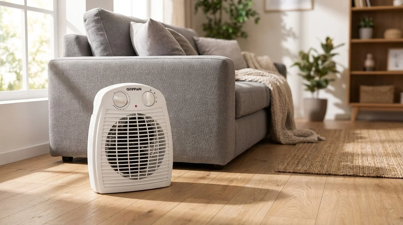 Bílý horkovzdušný ventilátor G3Ferrari G60001 stojí na dřevěné podlaze v obývacím pokoji vedle šedé pohovky.