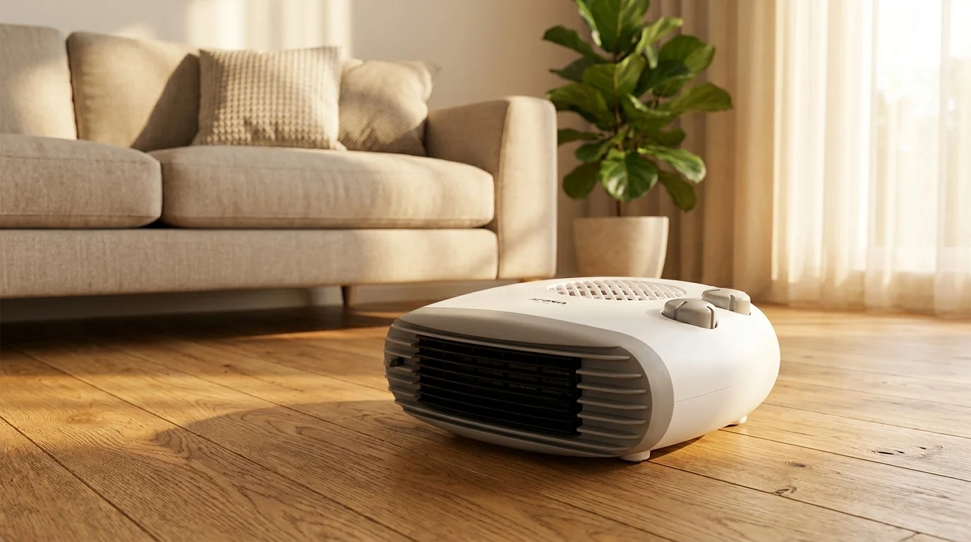 Horkovzdušný ventilátor Orava VL-203 v bílo-šedém provedení stojí na dřevěné podlaze v obývacím pokoji s pohovkou v pozadí.