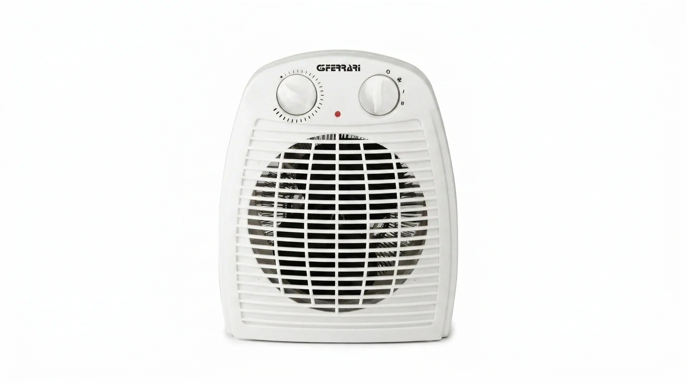 Bílý horkovzdušný ventilátor G3Ferrari se dvěma otočnými knoflíky a přední mřížkou na bílém pozadí.