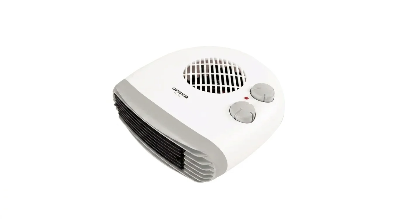 Bílý horkovzdušný ventilátor Orava VL-203 s šedými otočnými ovladači a mřížkou na bílém pozadí.