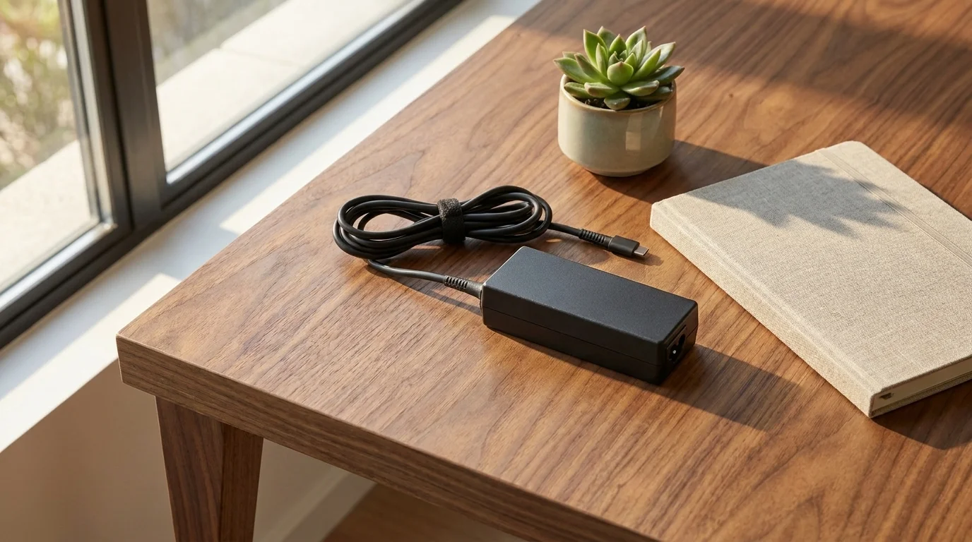 Čierny napájací adaptér HP USB-C s navinutým káblom položený na drevenom stole vedľa zápisníka a malého sukulentu.