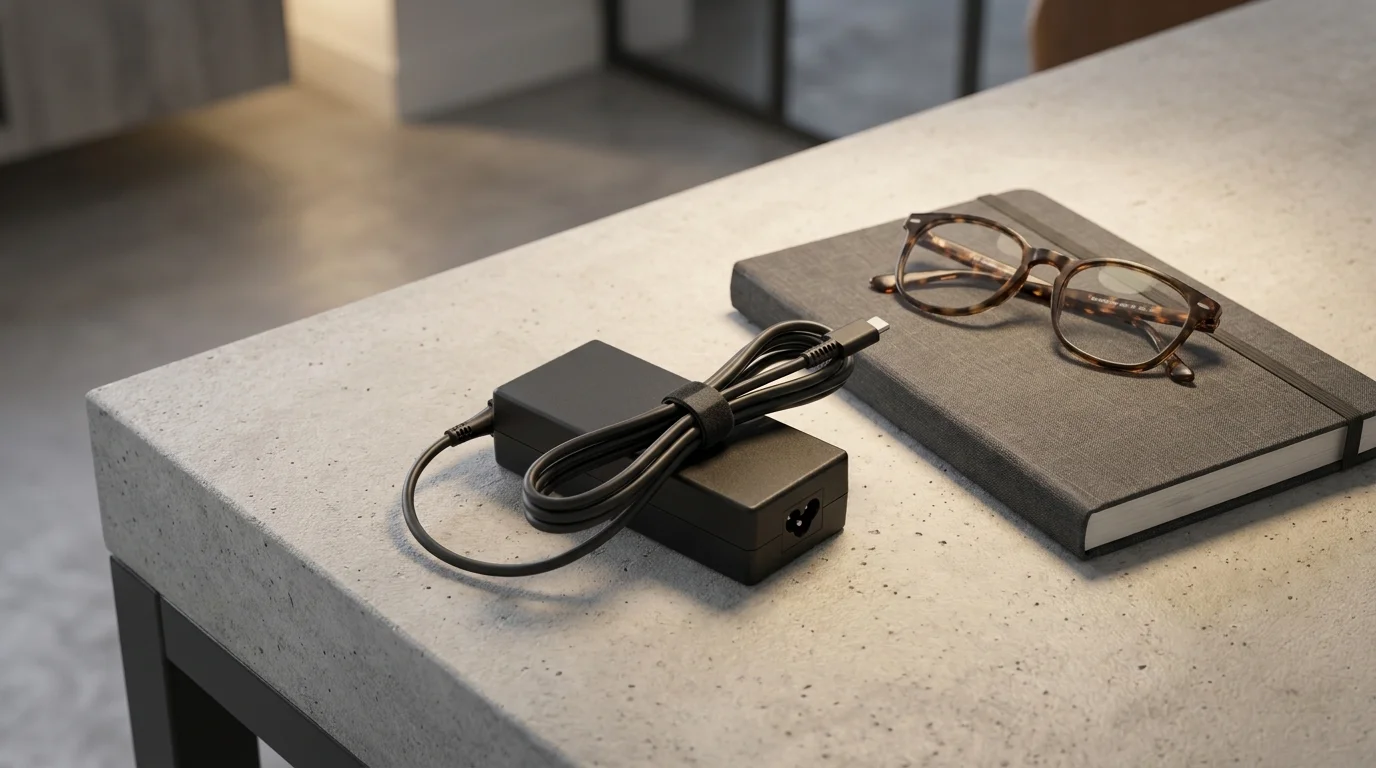 Čierny napájací adaptér HP USB-C so zvinutým káblom na sivom stole vedľa zápisníka a okuliarov.