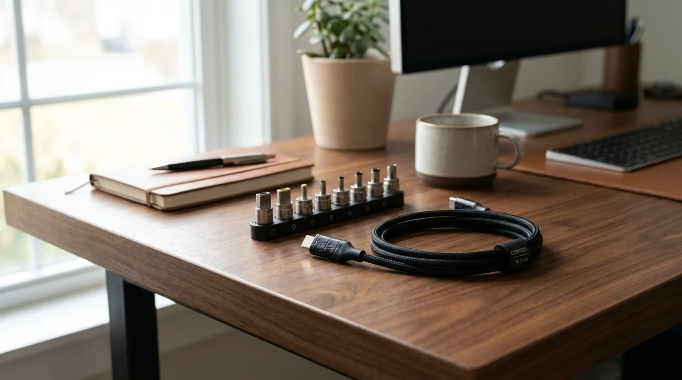 Černý USB-C kabel Aligator CONT001 a stojánek se sedmi výměnnými konektory na dřevěném stole.