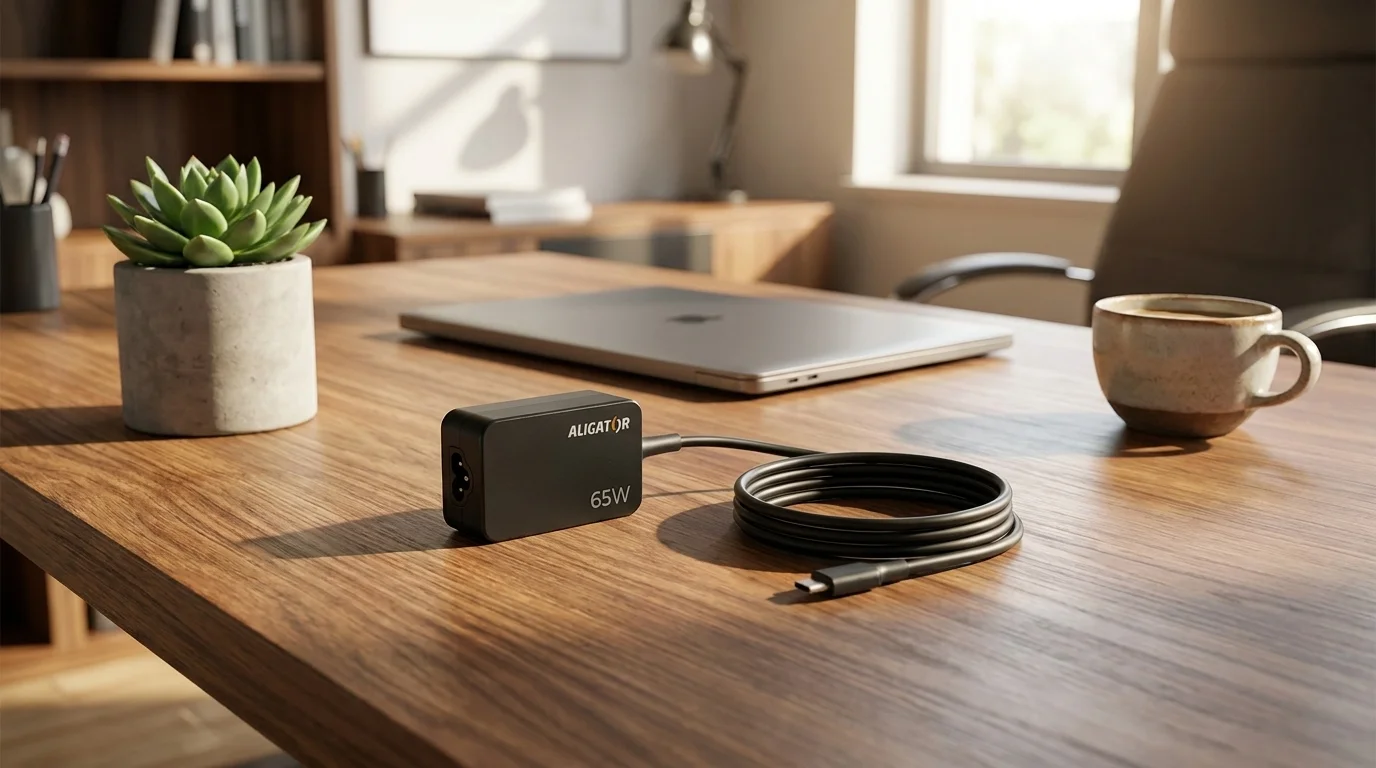 Černý USB-C adaptér Aligator 65W se svinutým kabelem položený na dřevěném stole.