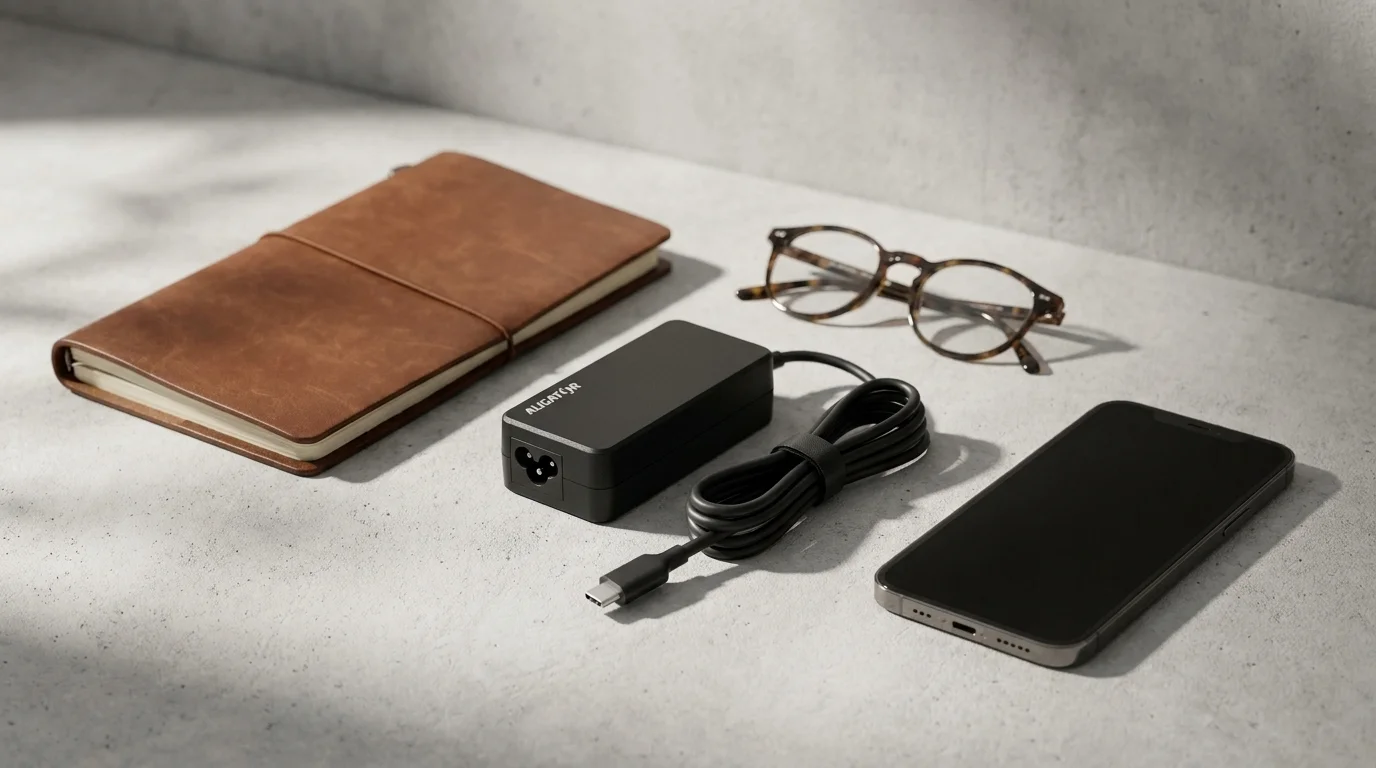 Černý USB-C adaptér Aligator s kabelem leží na šedém stole vedle koženého zápisníku, brýlí a mobilního telefonu.