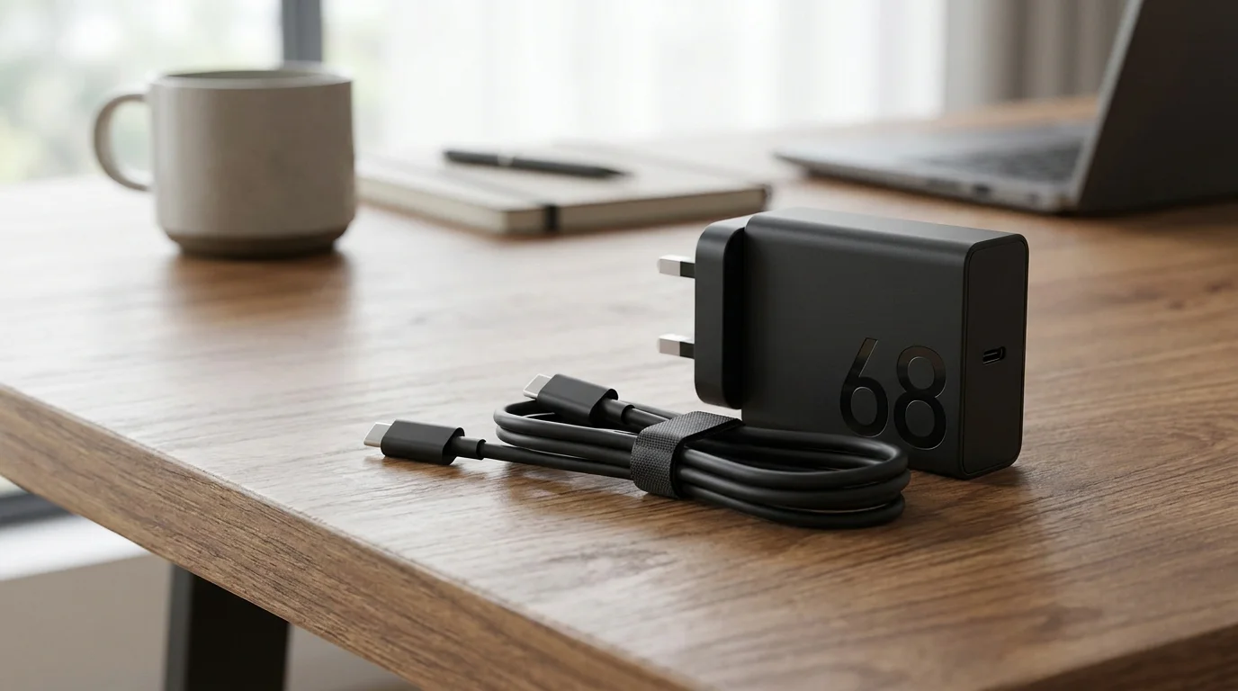 Černý napájecí adaptér Lenovo 68W USB-C s vyraženým číslem 68 a stočeným kabelem položený na dřevěném stole.