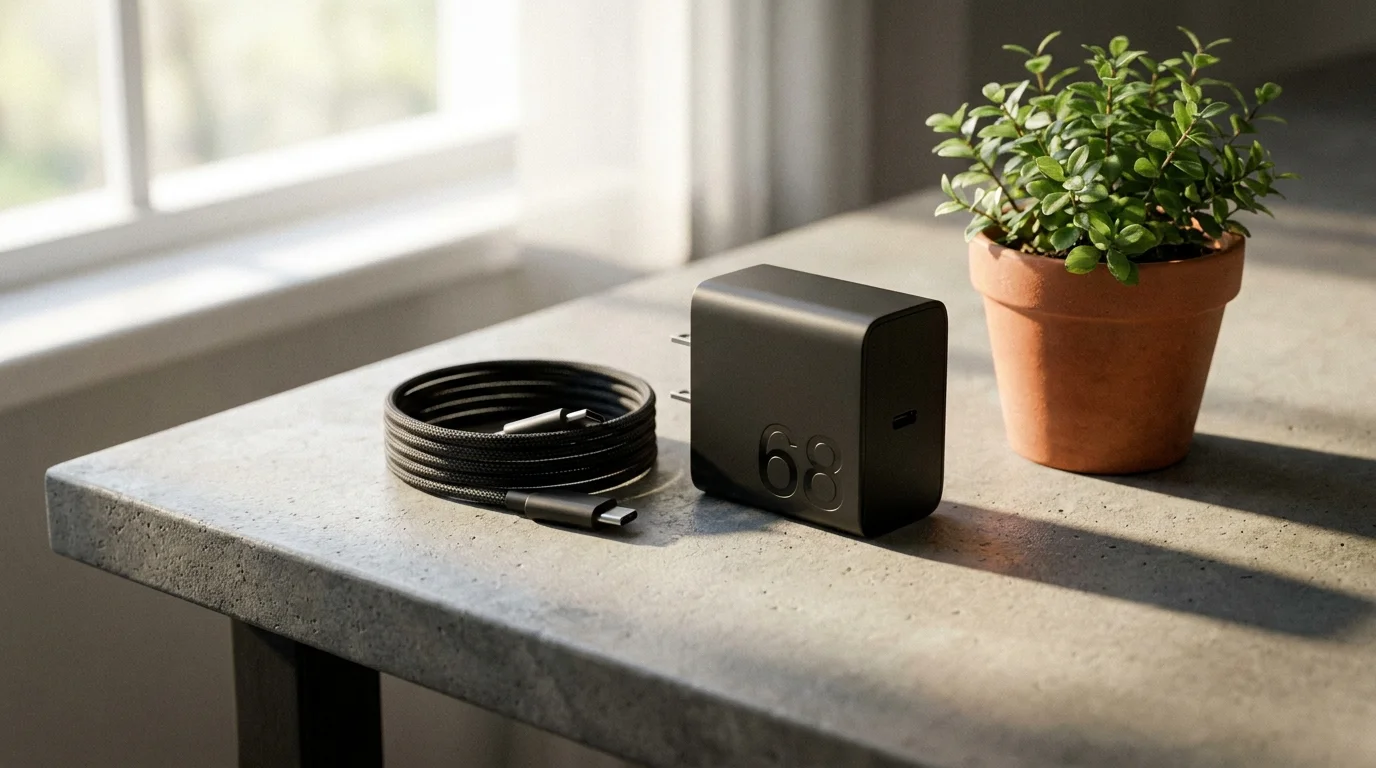 Černý napájecí adaptér Lenovo 68W USB-C a smotaný kabel na stole vedle malého květináče s rostlinou.
