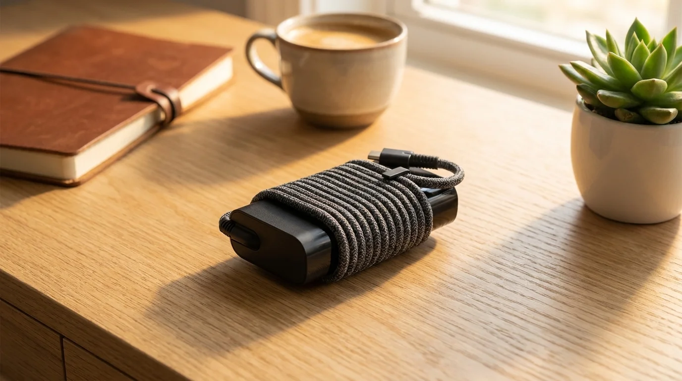 Napájací adaptér HP 65 W USB-C s omotaným sivým pleteným káblom leží na drevenom stole vedľa šálky kávy a zápisníka.