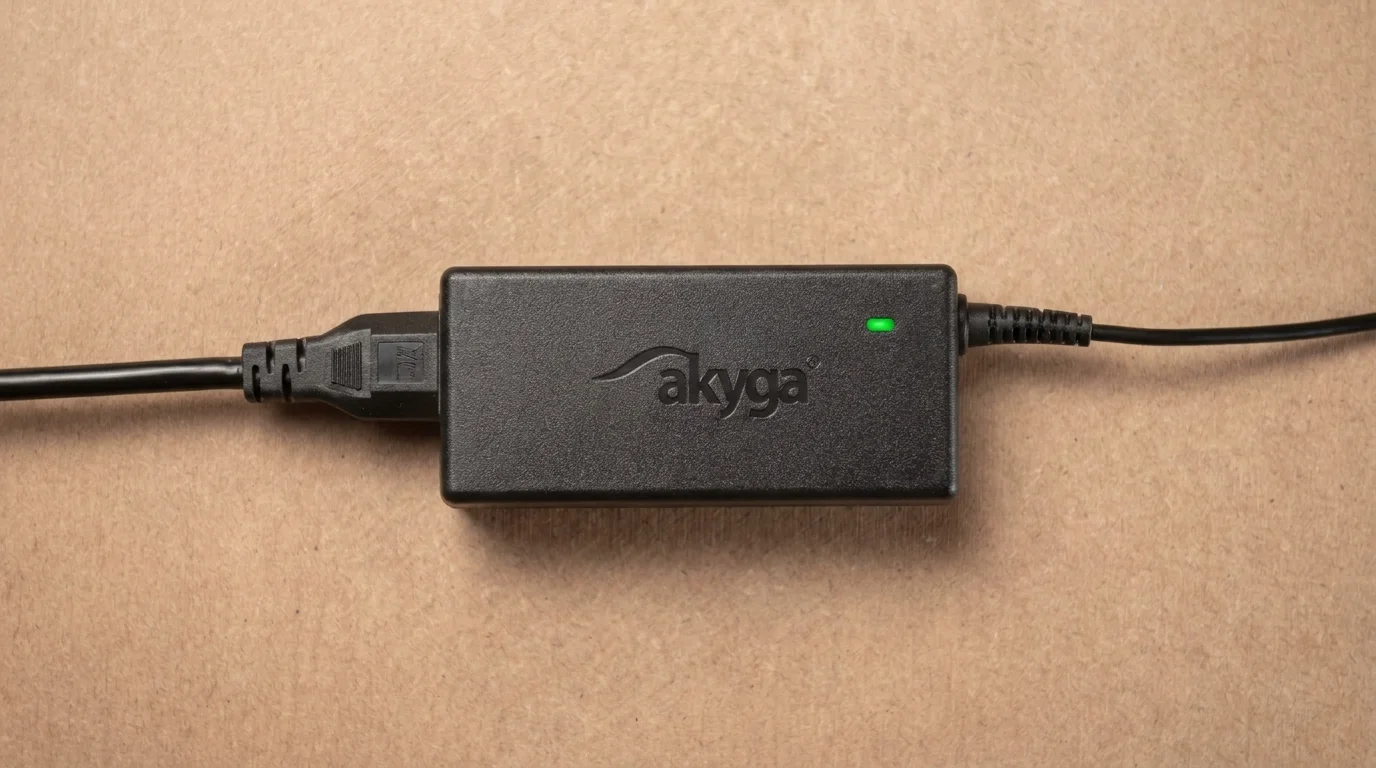 Černý napájecí adaptér Akyga AK-ND-20 se svítící zelenou LED diodou a připojenými kabely na hnědém podkladu.