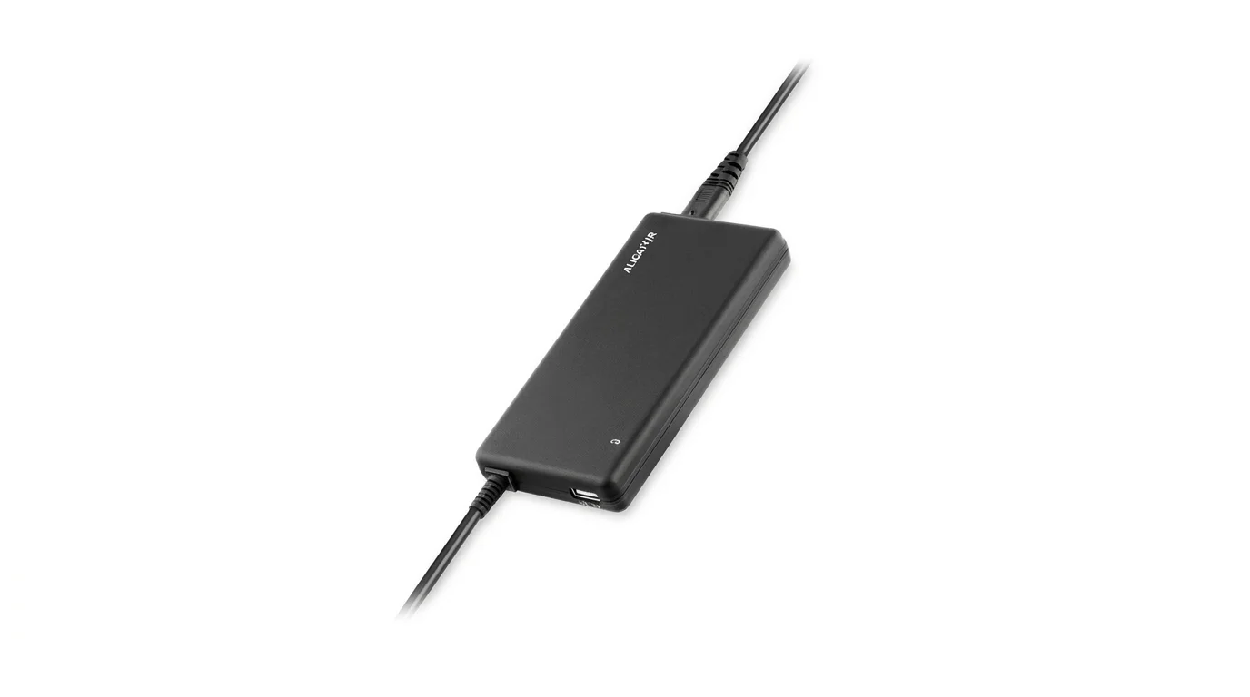Černý univerzální adaptér Aligator s kabely a integrovaným USB portem.