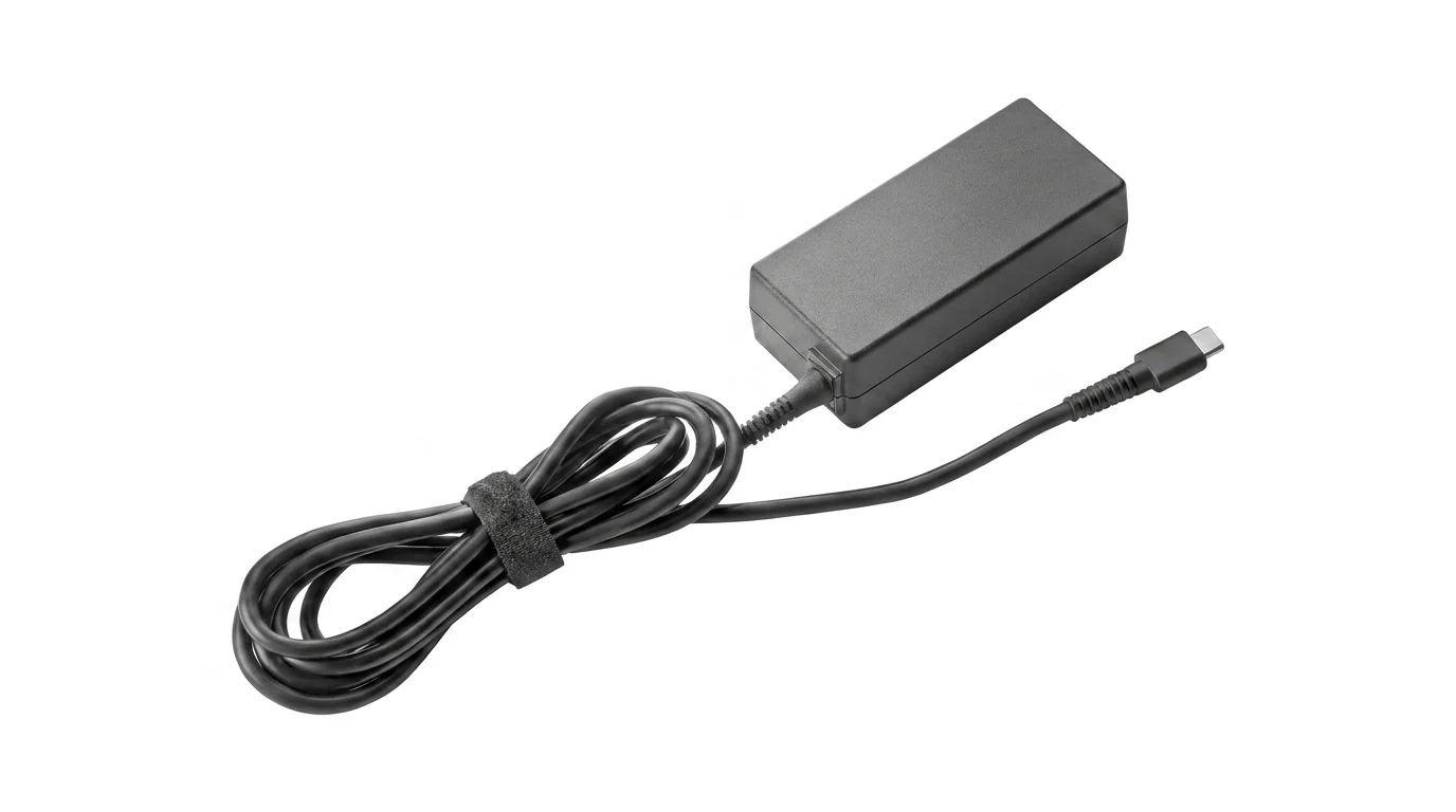 Čierny napájací adaptér HP 45W USB-C so zvinutým káblom a konektorom USB-C.