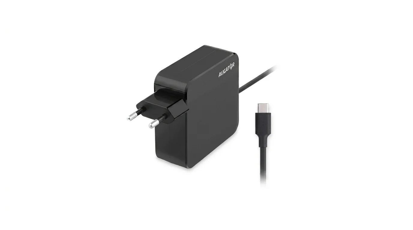 Černý síťový adaptér Aligator s integrovaným kabelem zakončeným USB-C konektorem.