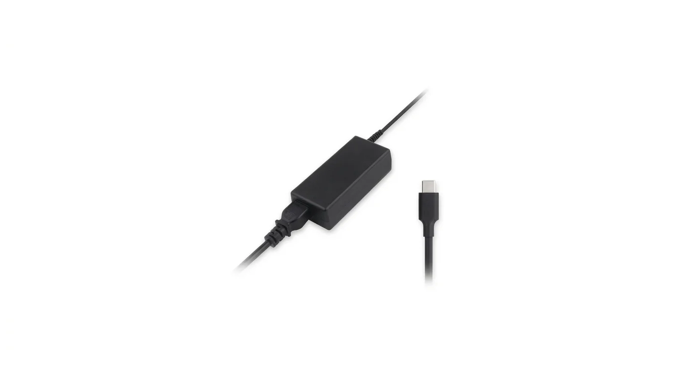 Černý napájecí adaptér Aligator s kabelem a detailem USB-C konektoru na bílém pozadí.