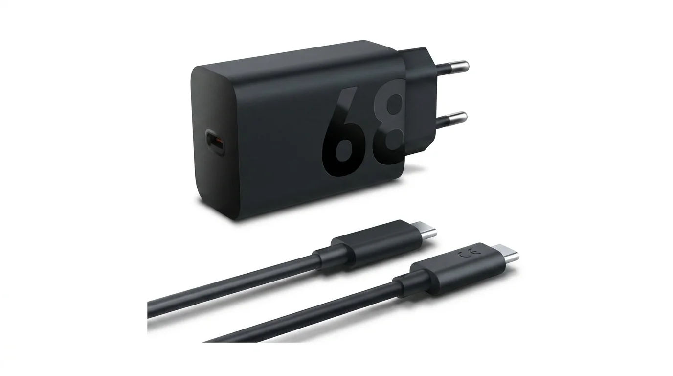 Černý napájecí adaptér Lenovo 68W USB-C s vyraženým číslem 68 a černým USB-C kabelem.