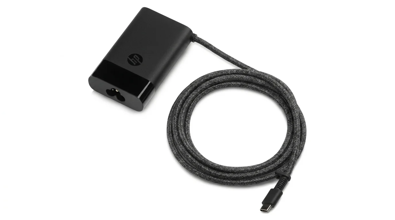 Čierny napájací adaptér HP s pleteným sivým USB-C káblom zvinutým do kruhu.