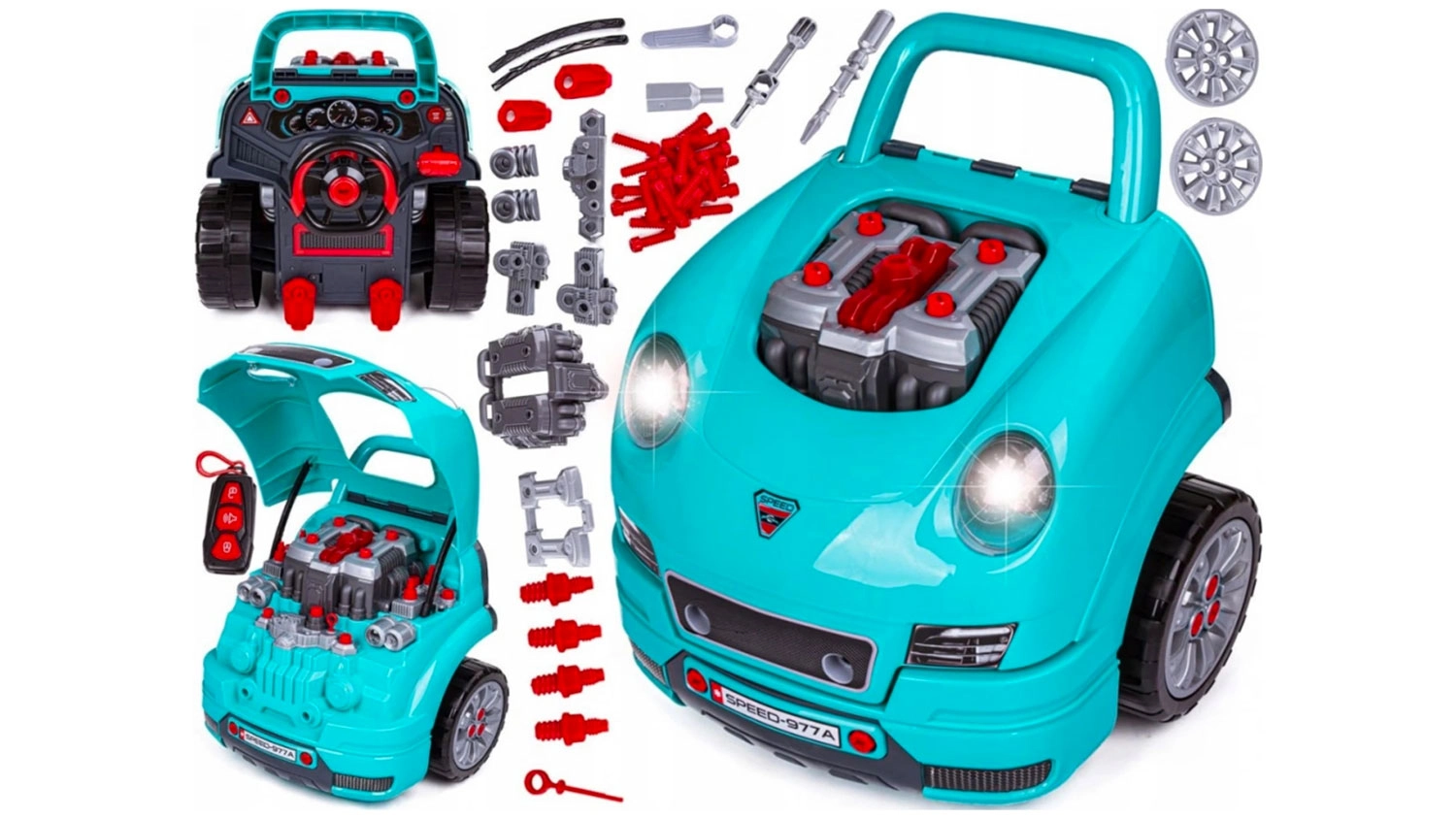 Tyrkysová dětská autodílna Buddy Toys BGP 5013 Master motor s rozebíratelným motorem, svítícími světlomety, volantem a sadou nářadí.