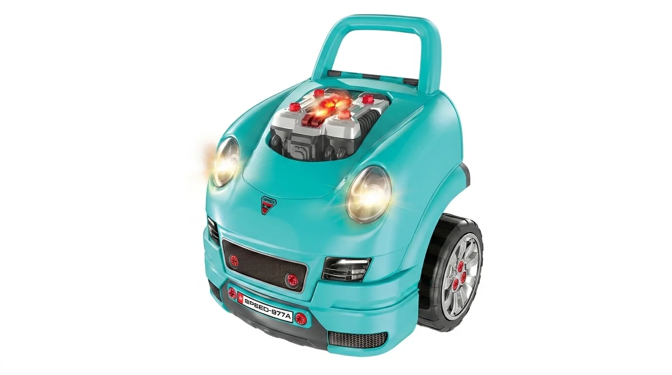 Tyrkysová dětská autodílna Buddy Toys BGP 5013 Master motor se svítícími předními světlomety a červeně podsvíceným motorem.