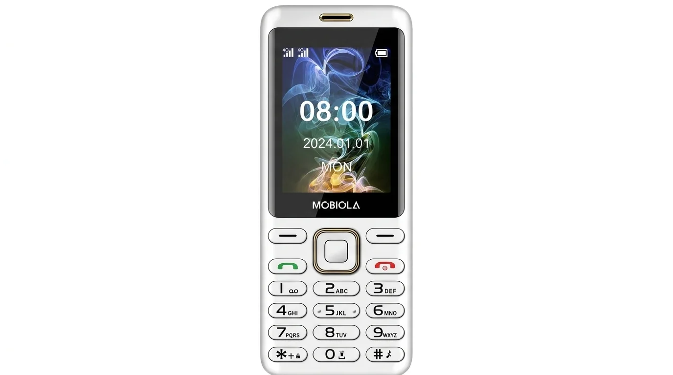 Biely tlačidlový mobilný telefón Mobiola MB2400 s rozsvieteným displejom a prehľadnou numerickou klávesnicou.