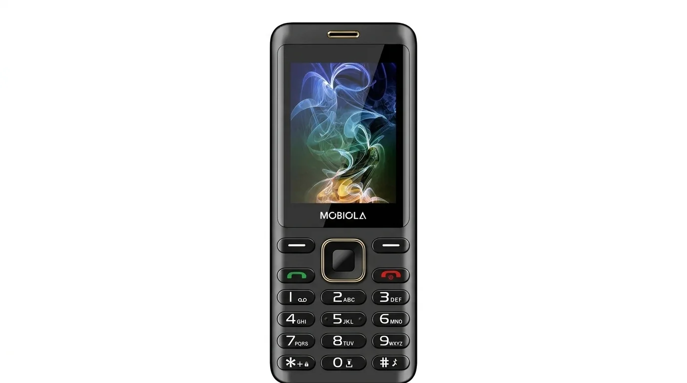 Čierny tlačidlový mobilný telefón Mobiola MB2400 s farebnou tapetou na displeji a klasickou numerickou klávesnicou.
