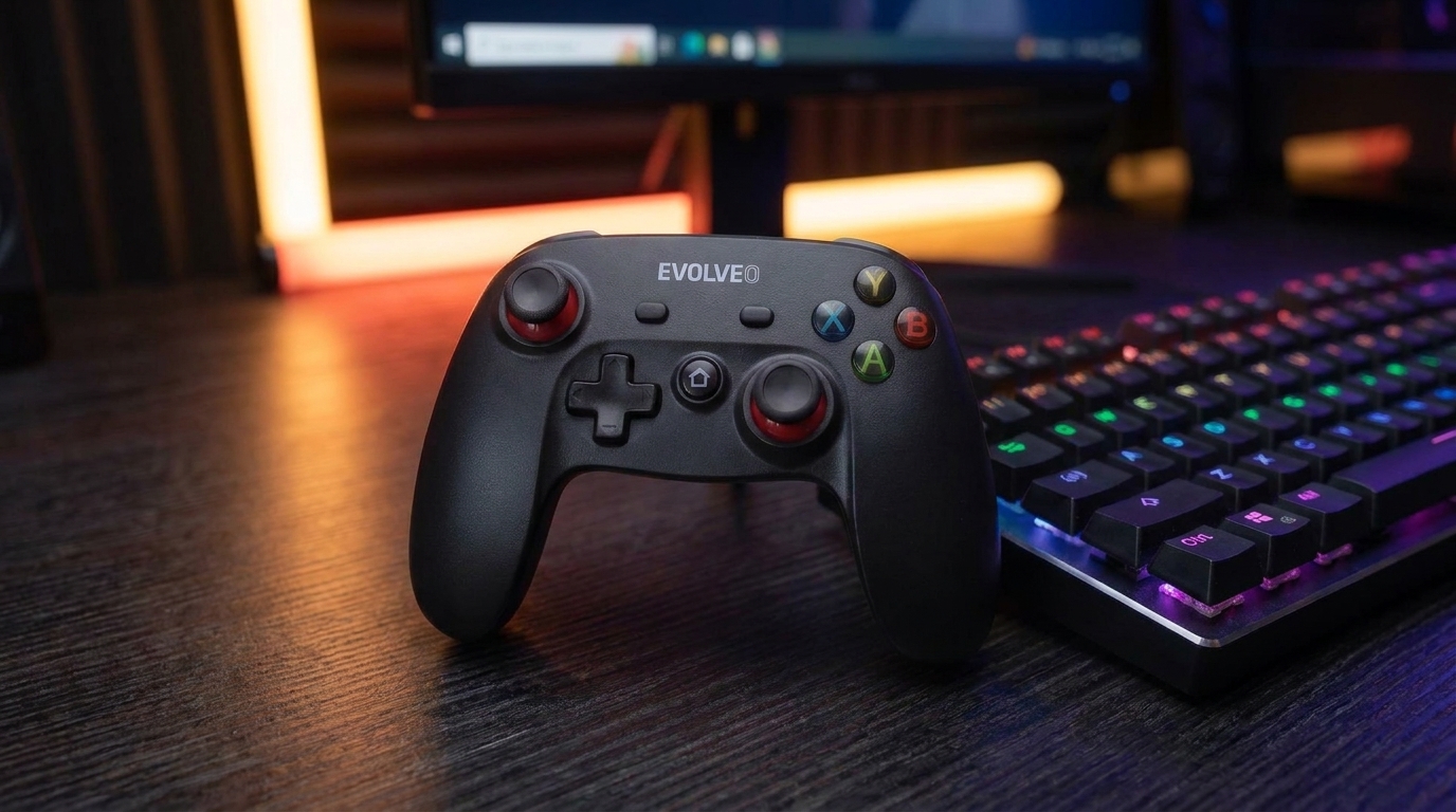 Černý gamepad EVOLVEO Fighter F1 na tmavém stole vedle podsvícené herní klávesnice.