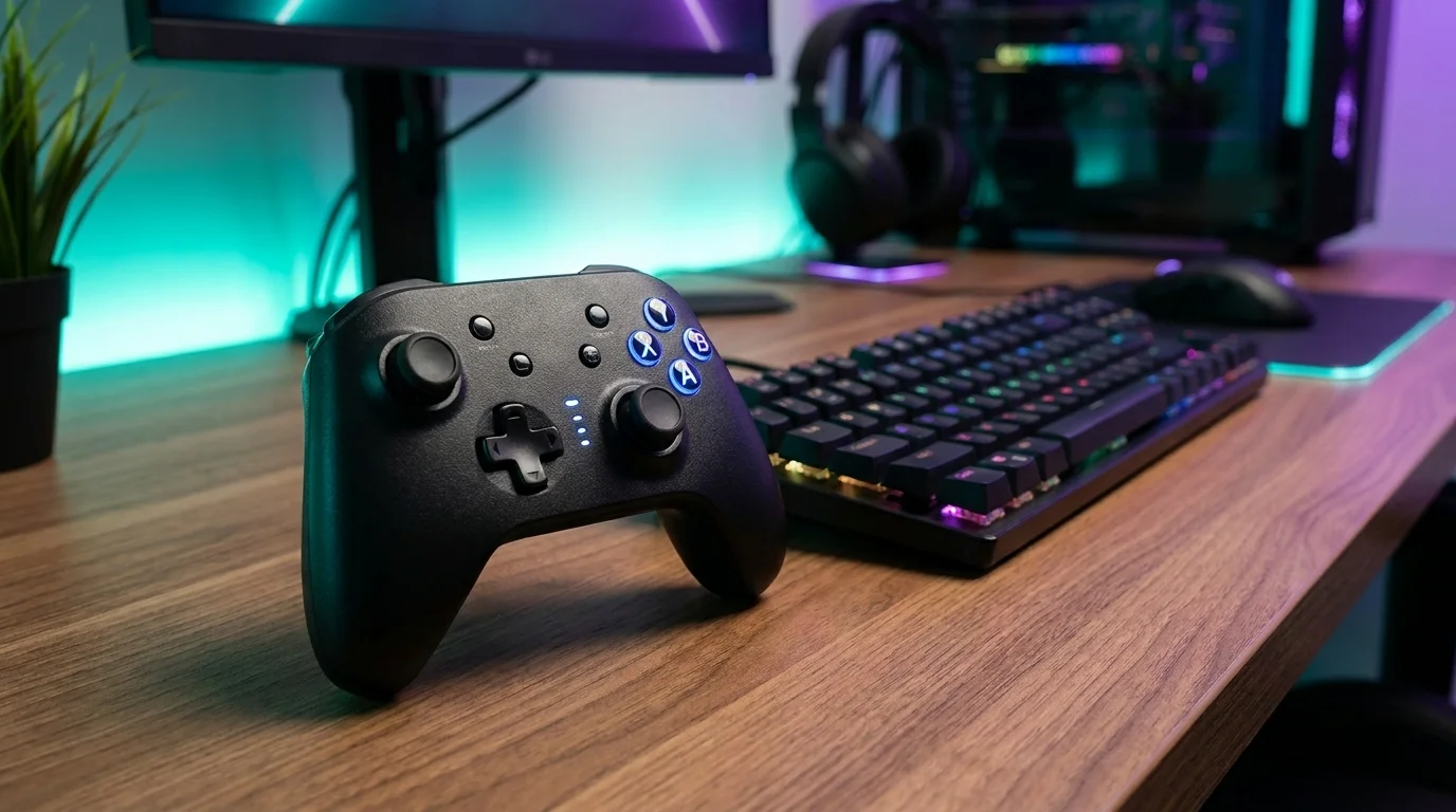 Černý bezdrátový gamepad Canyon GPW3 s modře podsvícenými tlačítky stojí na dřevěném stole vedle herní klávesnice.