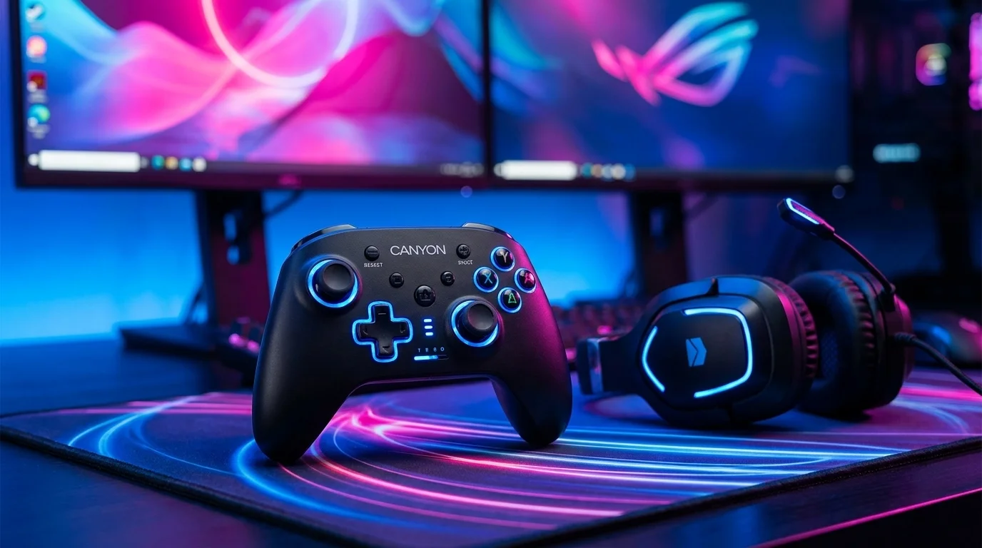 Černý bezdrátový gamepad Canyon GPW3 s modrým podsvícením a herní sluchátka na barevné podložce před monitory.