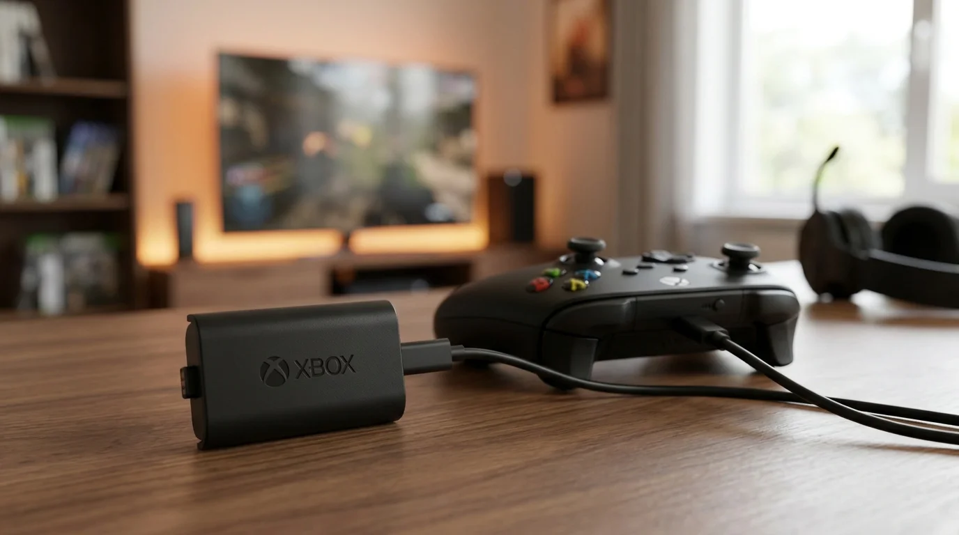 Čierna dobíjacia batéria Xbox pripojená pomocou USB-C kábla k ovládaču Xbox na drevenom stole.