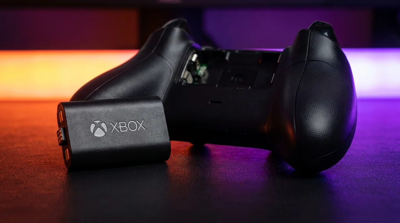 Čierna dobíjacia batéria s logom Xbox leží pred zadnou stranou ovládača Xbox s otvoreným priestorom na batérie.