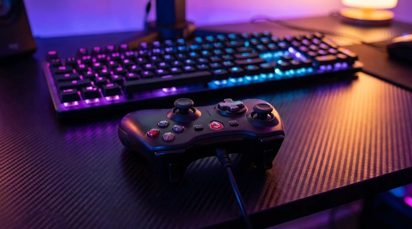 Černý gamepad MSI Force GC20 s připojeným kabelem leží na stole před podsvícenou herní klávesnicí.