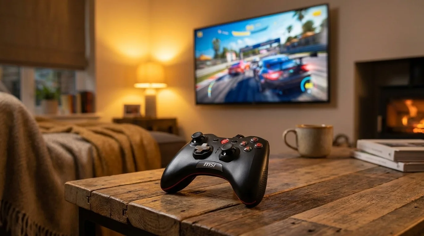 Černý gamepad MSI Force GC20 položený na dřevěném stole v útulném pokoji s televizí v pozadí.