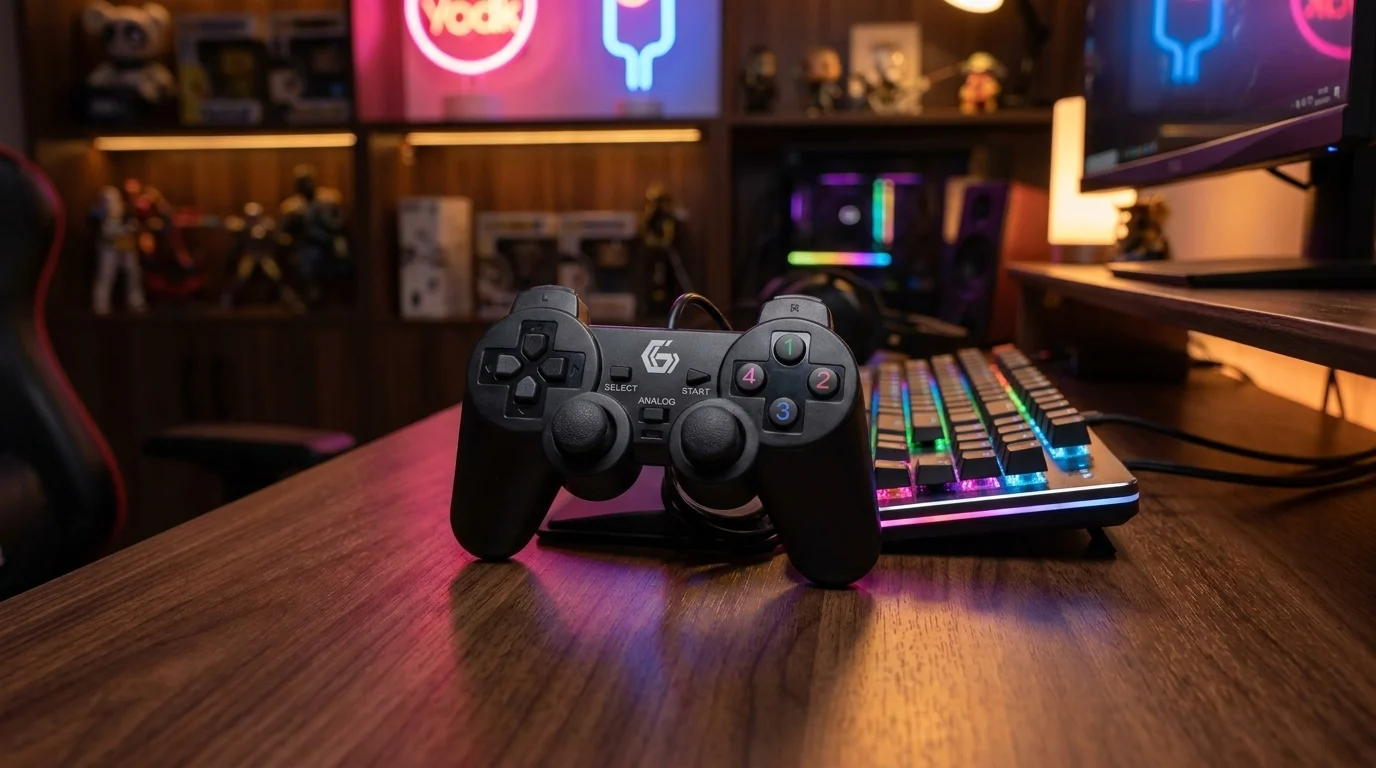 Černý gamepad Gembird JPD-UDV-01 na dřevěném stole vedle podsvícené herní klávesnice.