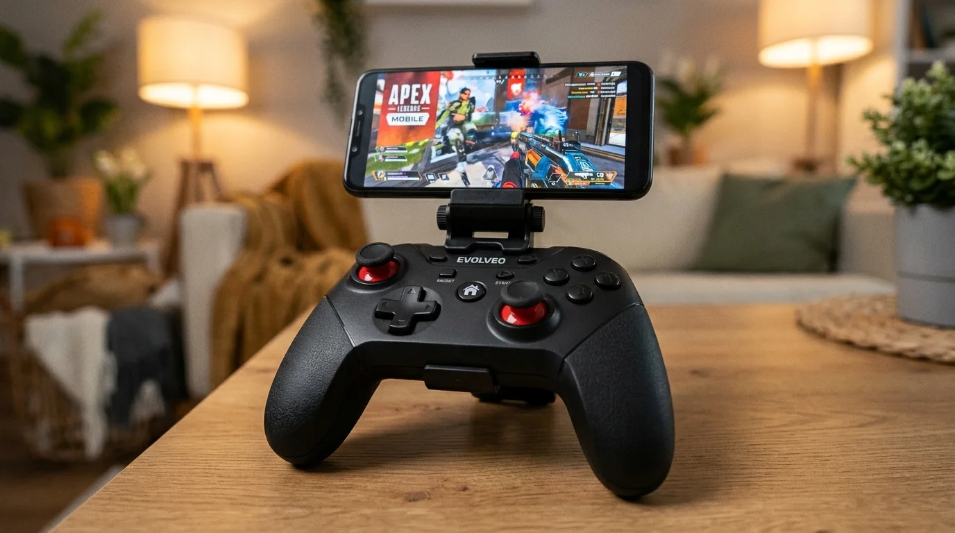 Černý gamepad EVOLVEO Fighter F1 s červenými páčkami a připevněným chytrým telefonem na držáku stojí na dřevěném stole.